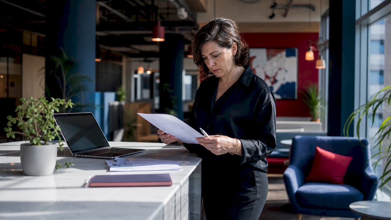 Office manager reviewing relocation brief paper