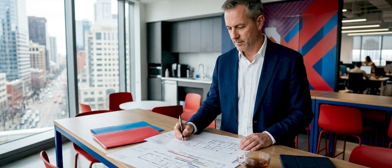 Commercial move manager reviewing relocation plans