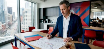 Commercial move manager reviewing relocation plans