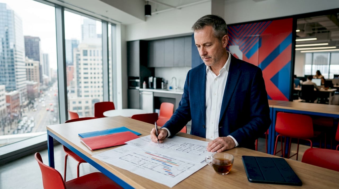 Commercial move manager reviewing relocation plans