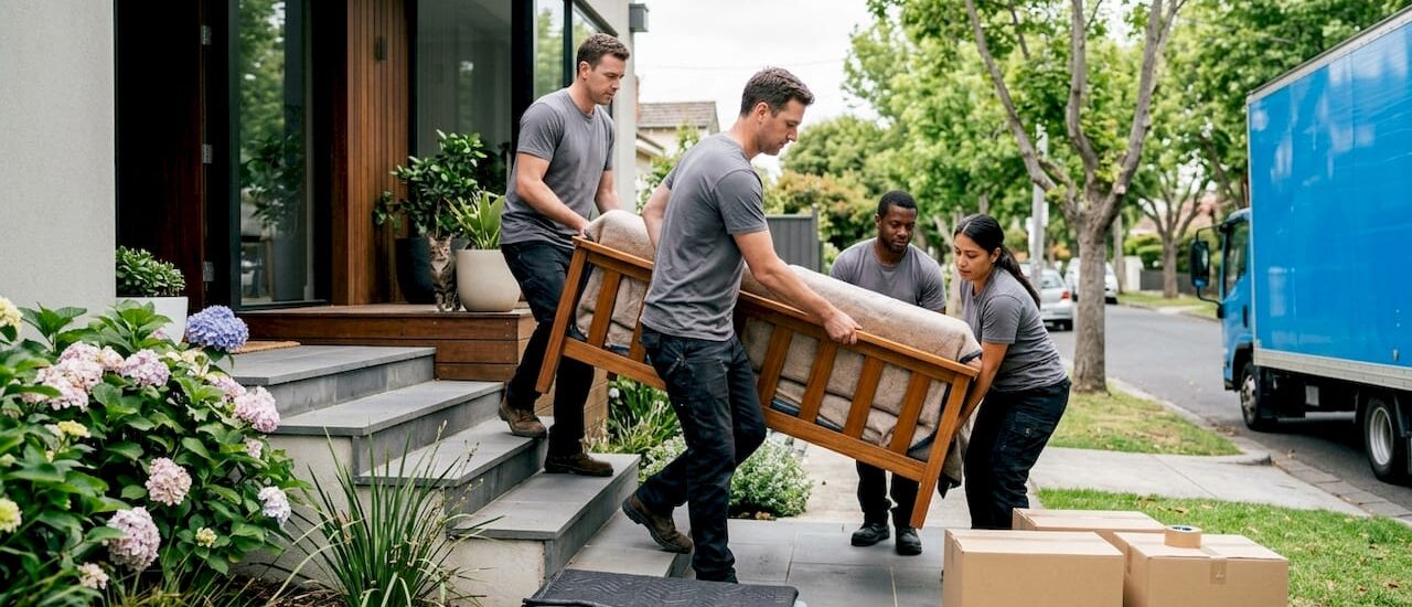 Movers loading sofa into removal truck