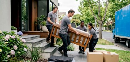 Movers loading sofa into removal truck