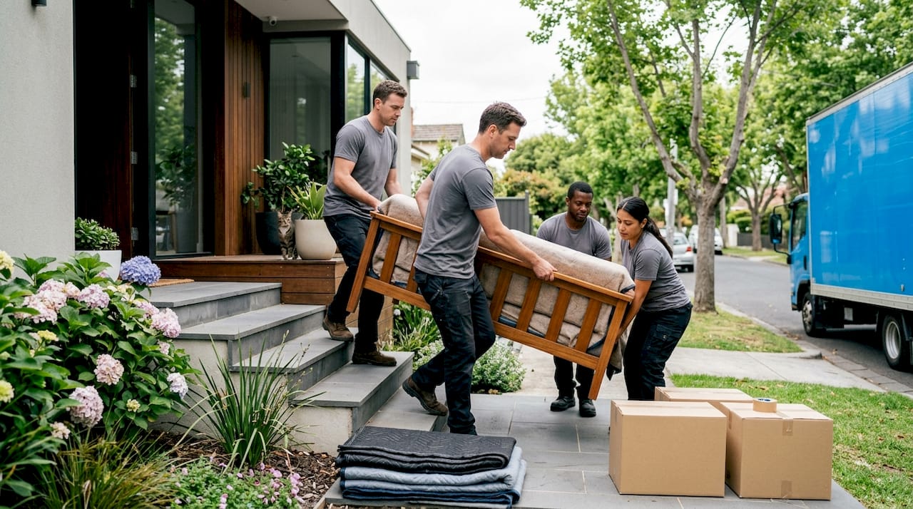 Movers loading sofa into removal truck