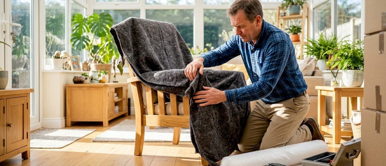 Man wrapping furniture with moving blanket indoors