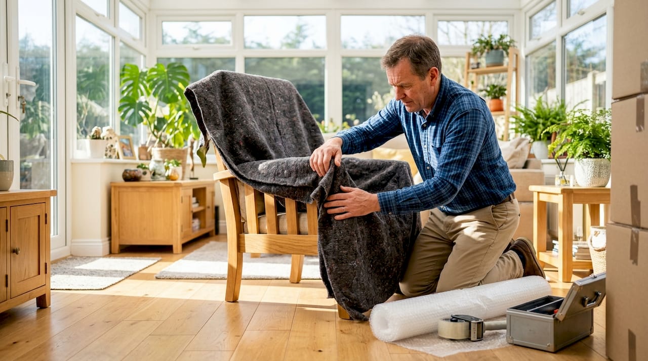 Man wrapping furniture with moving blanket indoors