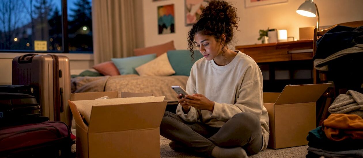 Student preparing and packing boxes for move