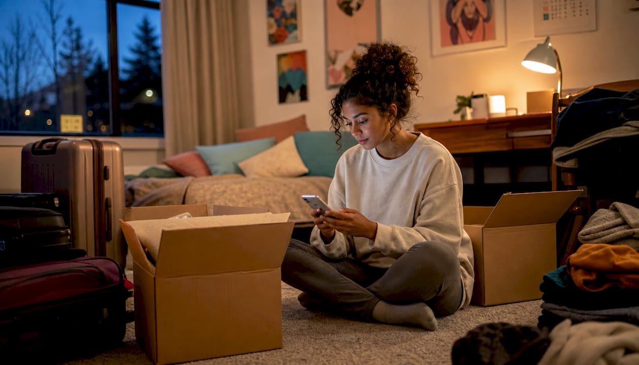 Student preparing and packing boxes for move