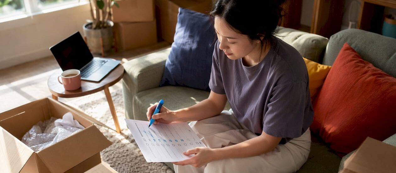 Woman planning apartment move at kitchen table