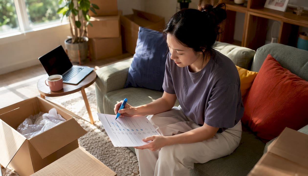 Woman planning apartment move at kitchen table