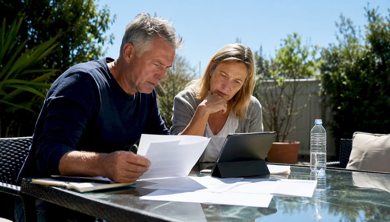 Couple reviewing interstate moving costs calculator at home