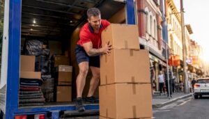 Mover loading boxes into removalist truck outside house