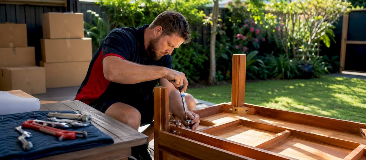 Removalist disassembling furniture in home