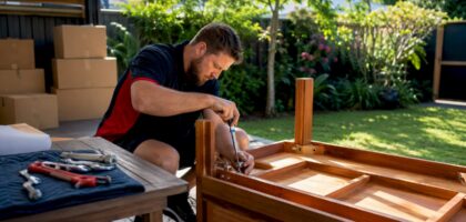 Removalist disassembling furniture in home