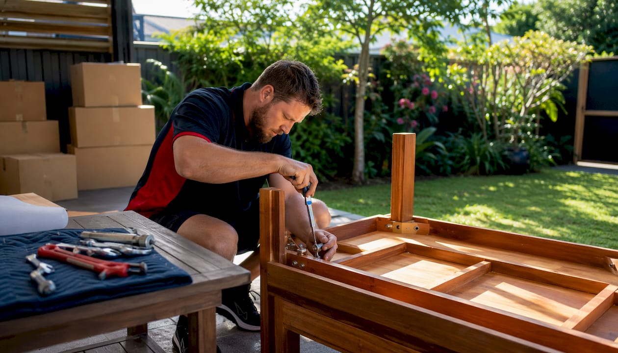 Removalist disassembling furniture in home