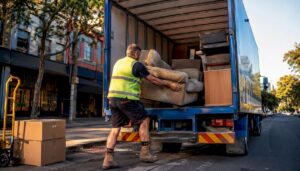 Worker loading sofa into furniture removal truck