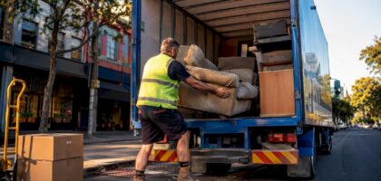 Worker loading sofa into furniture removal truck