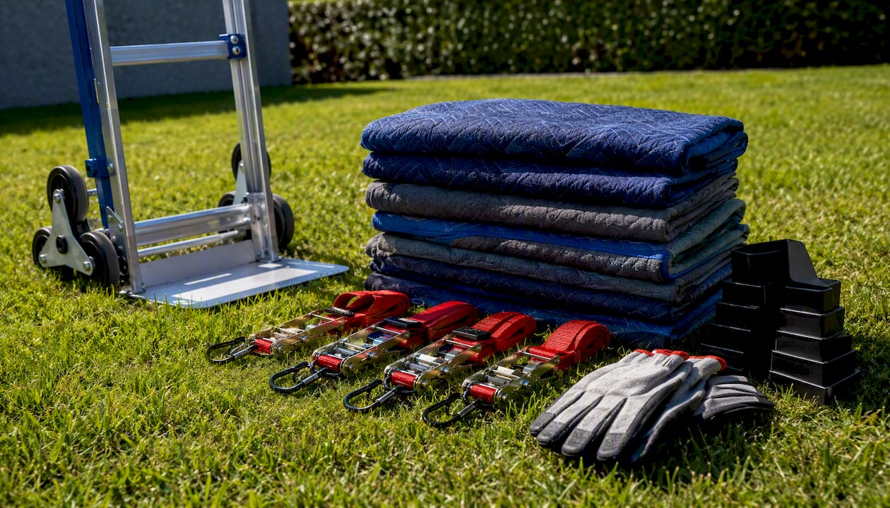 Furniture moving tools laid out on garage floor