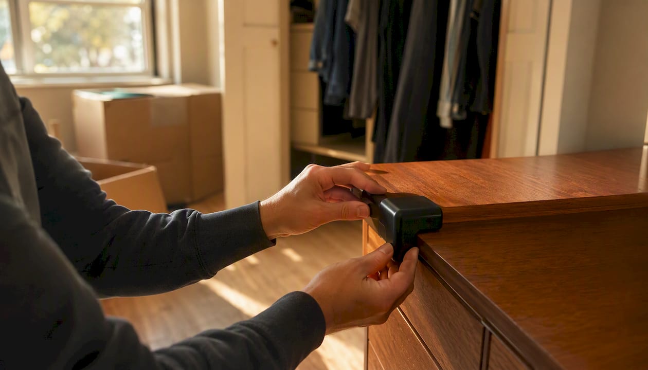 Hands placing corner protectors on cabinet panel