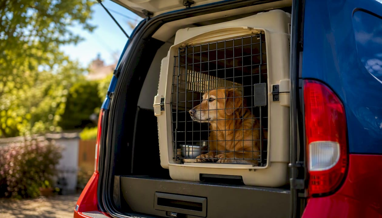 Dog resting in travel crate inside vehicle