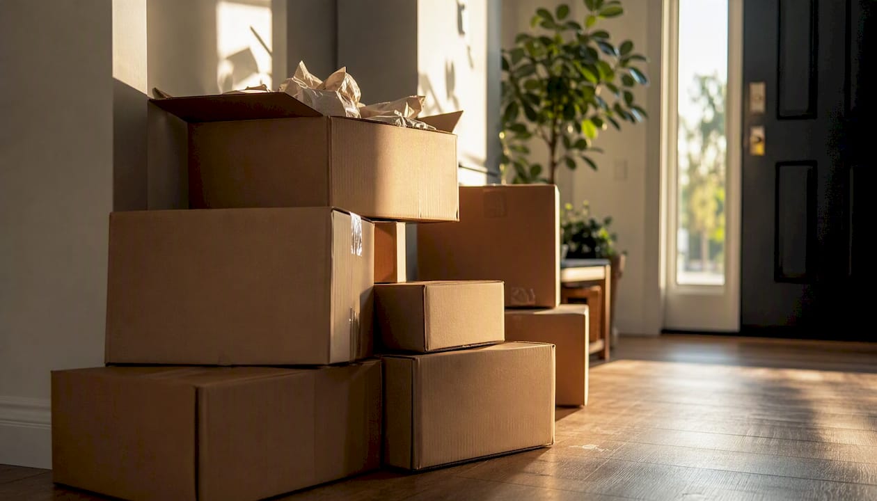 Stacked moving boxes in home entry