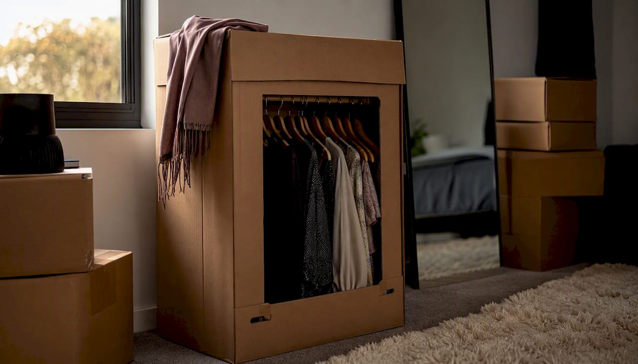 Clothes hanging vertically in wardrobe box