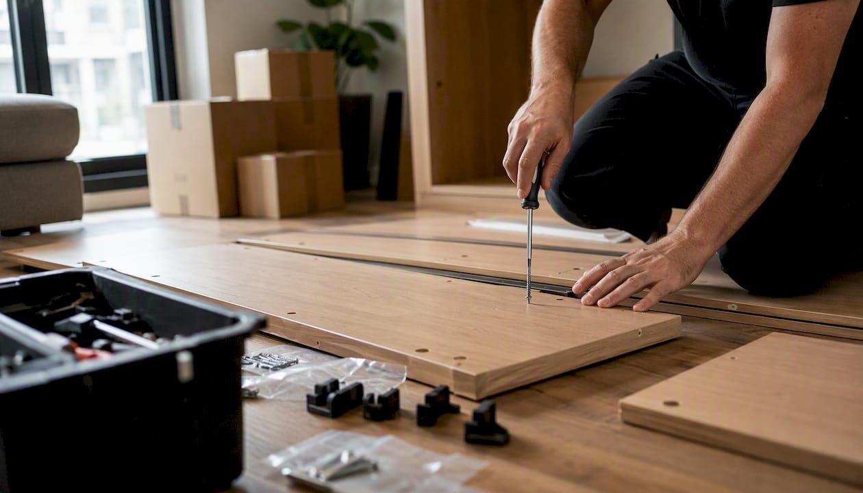 Removalist hands disassembling wardrobe panel