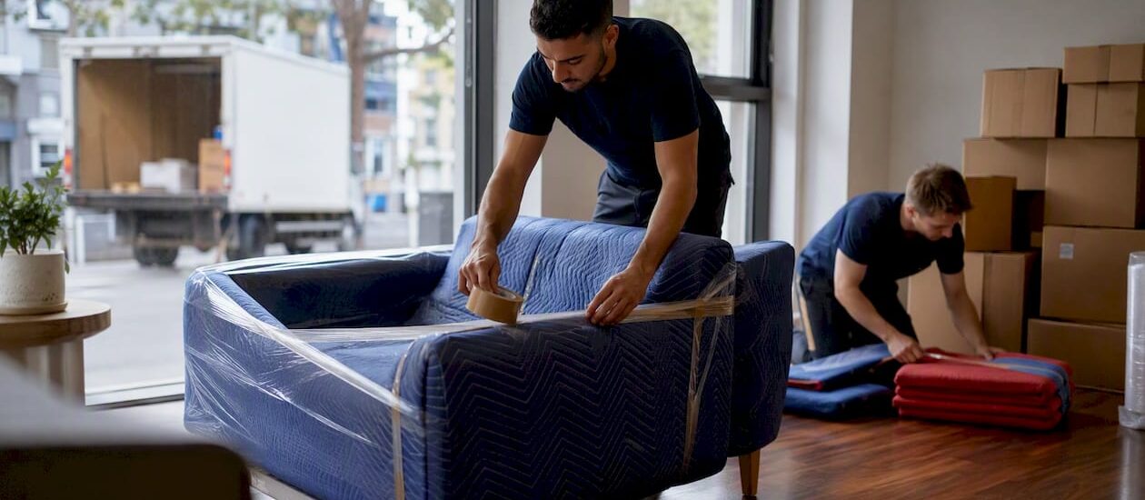 Movers wrapping couch in Melbourne home
