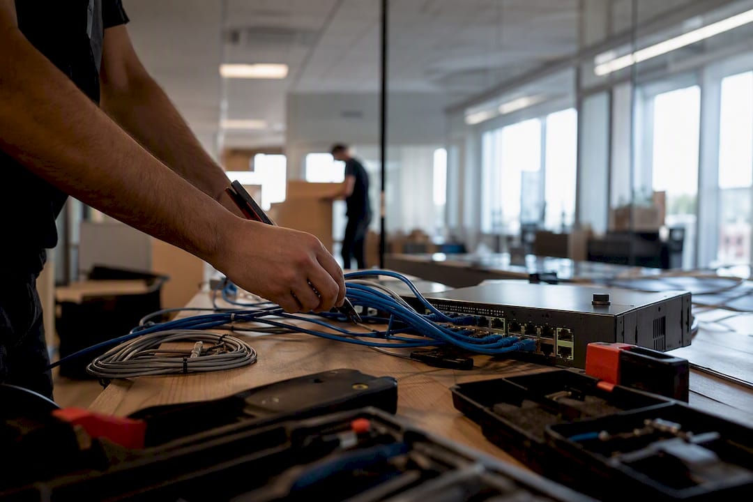 Hands preparing network cables for IT test