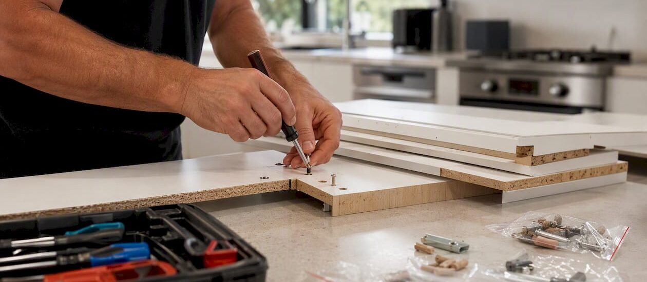 Hands disassembling wardrobe furniture at home