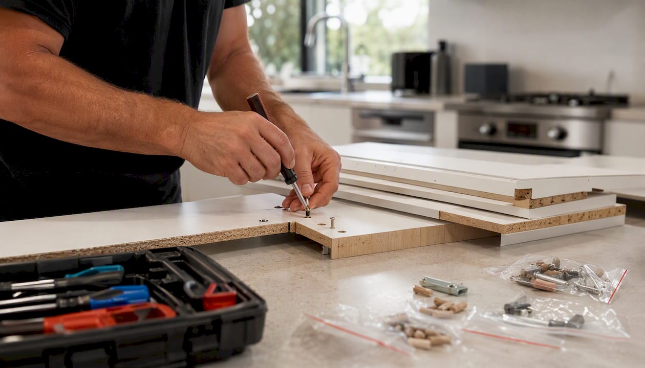 Hands disassembling wardrobe furniture at home