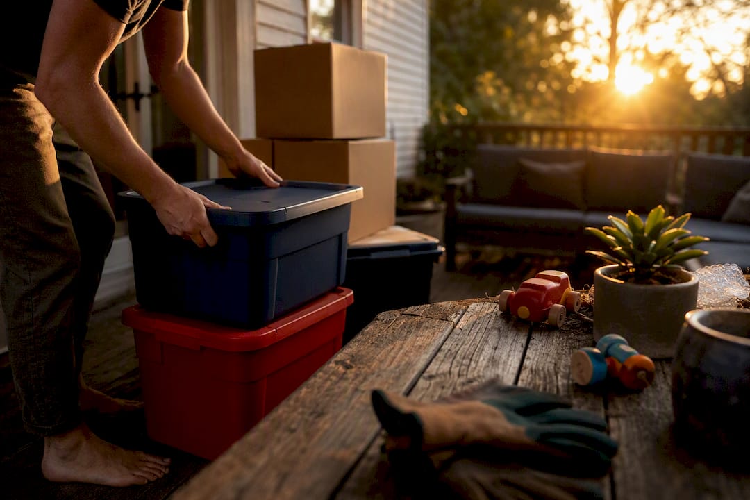 Hands organizing storage bins for move delay
