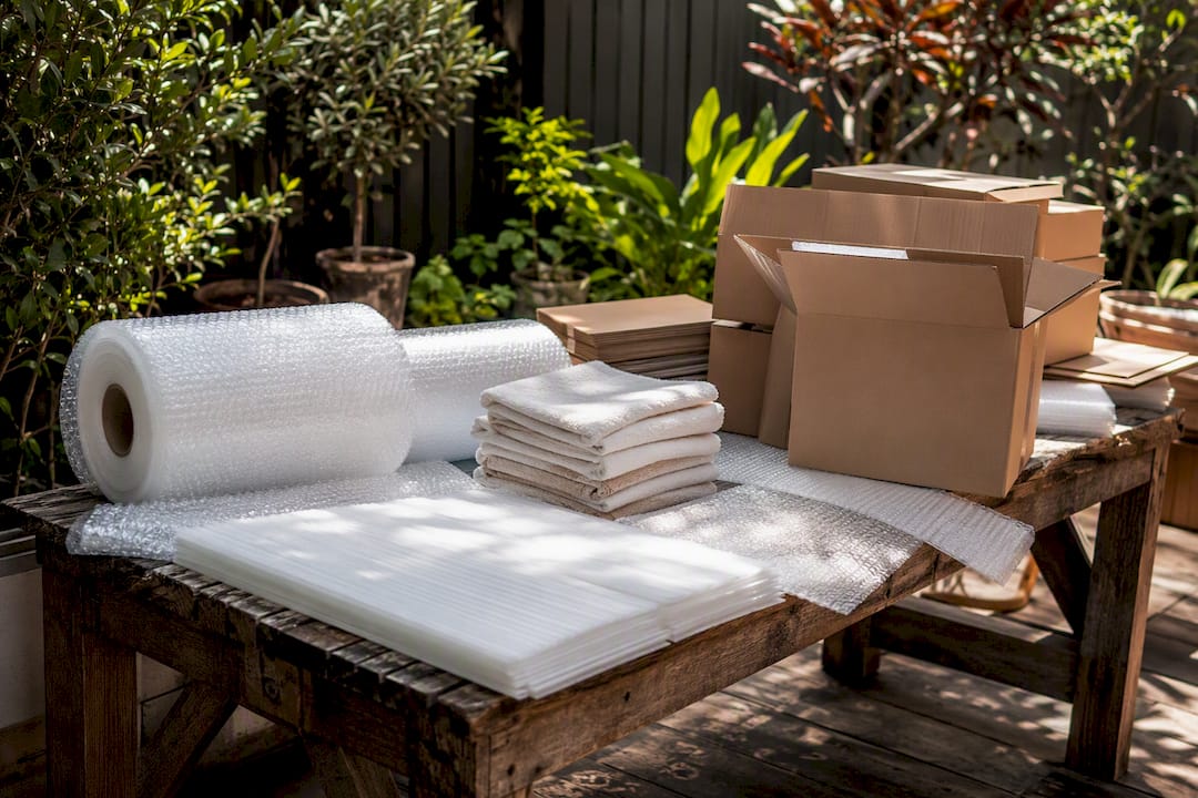 Packing materials including bubble wrap and towels on table