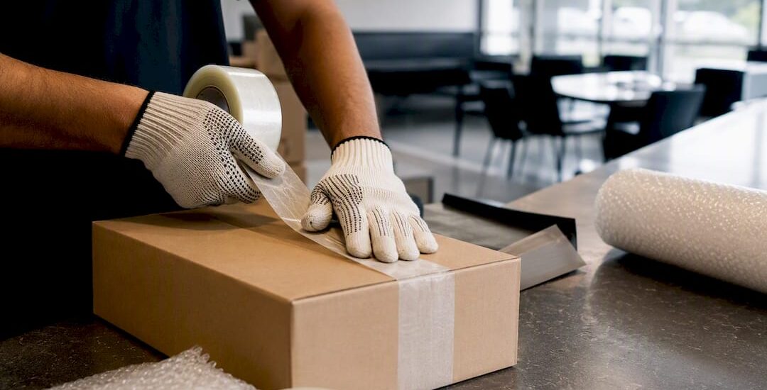 Hands sealing box during office move packing