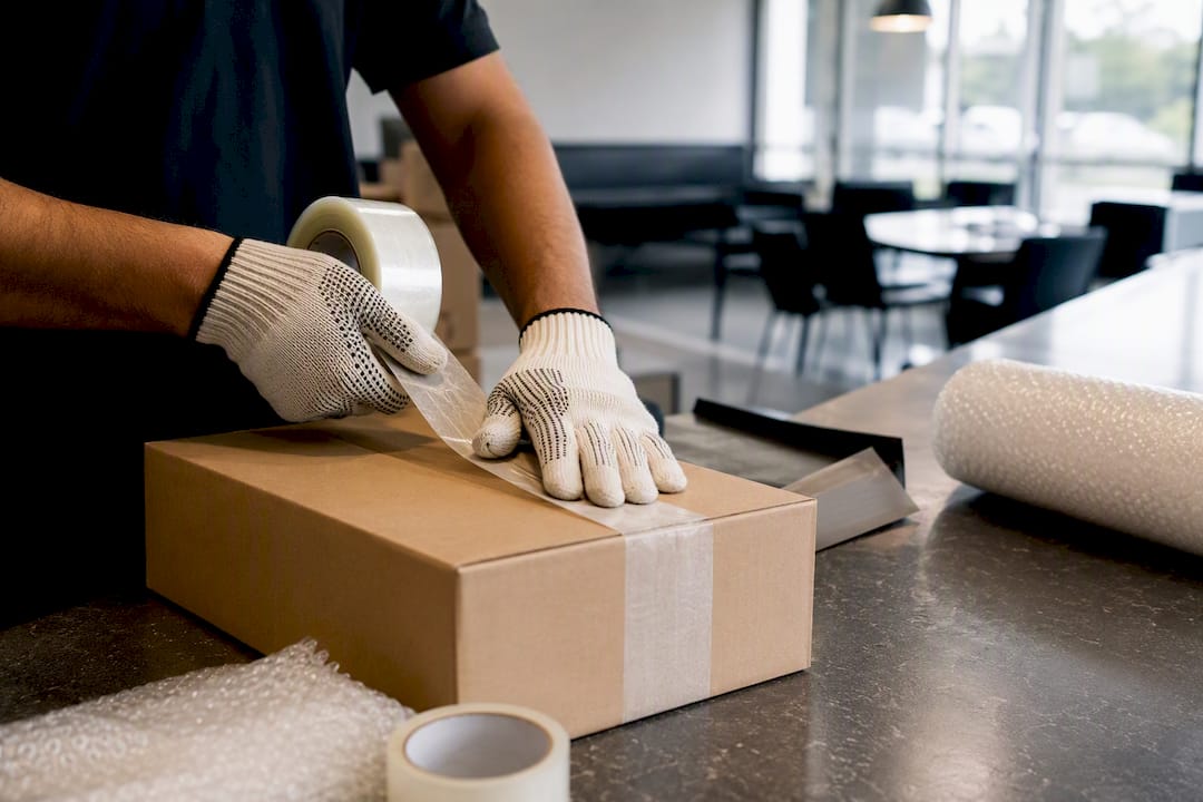Hands sealing box during office move packing