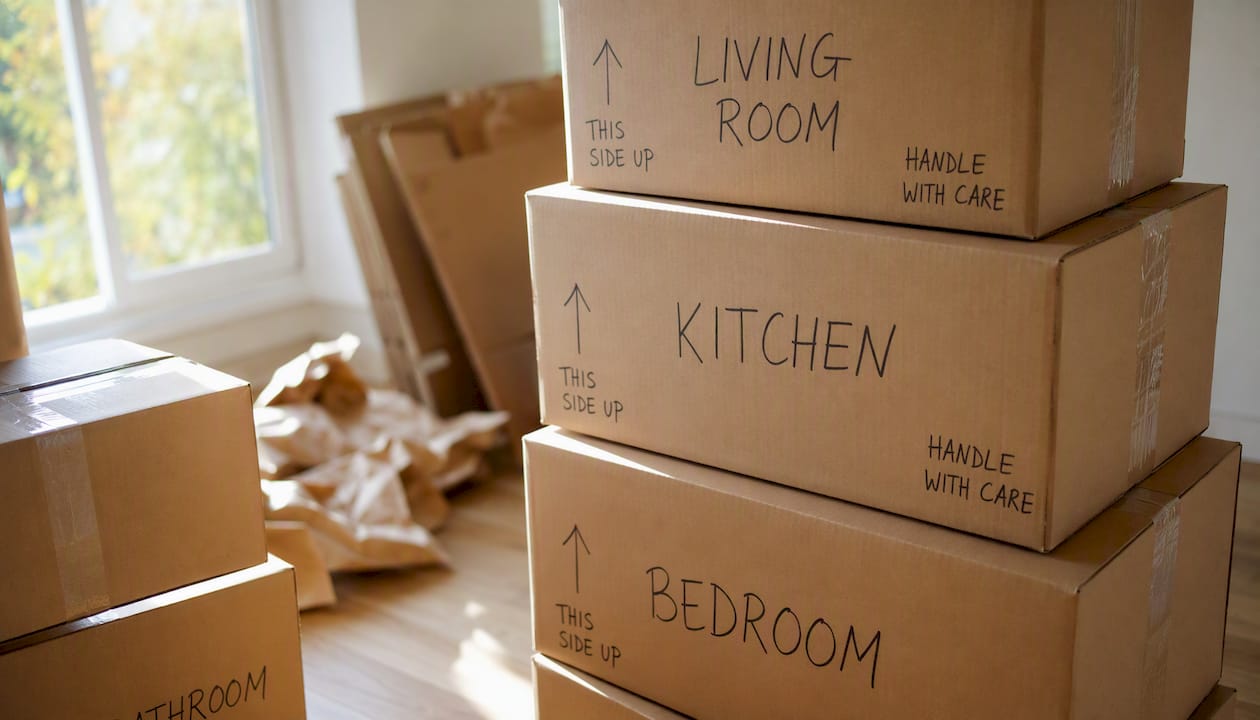 Stack of labelled moving boxes with handling notes