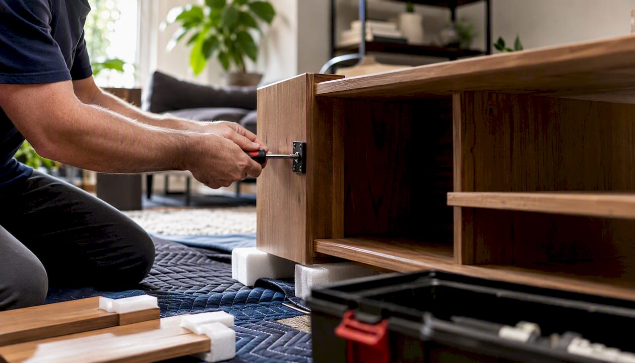 Hands removing furniture screws with moving blankets