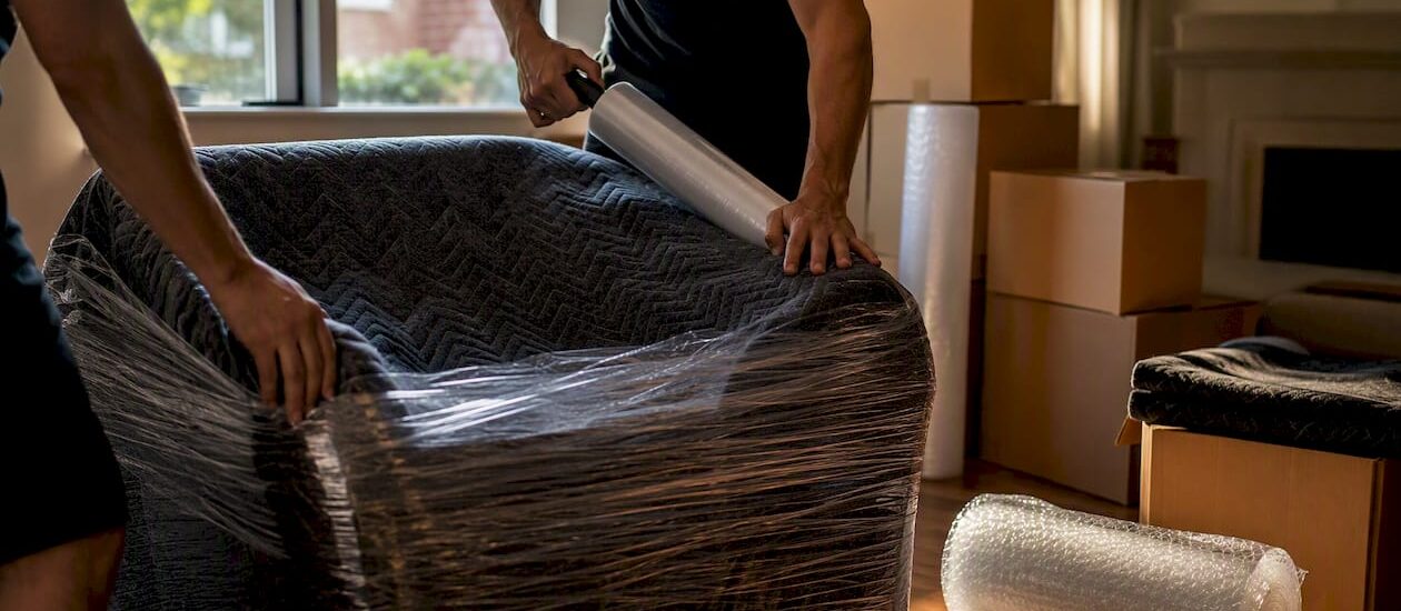 Movers wrapping furniture with protective blankets