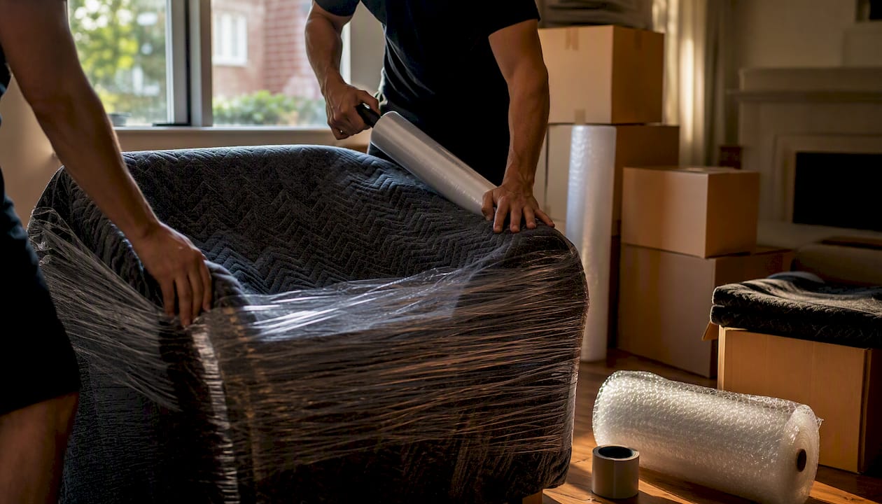 Movers wrapping furniture with protective blankets