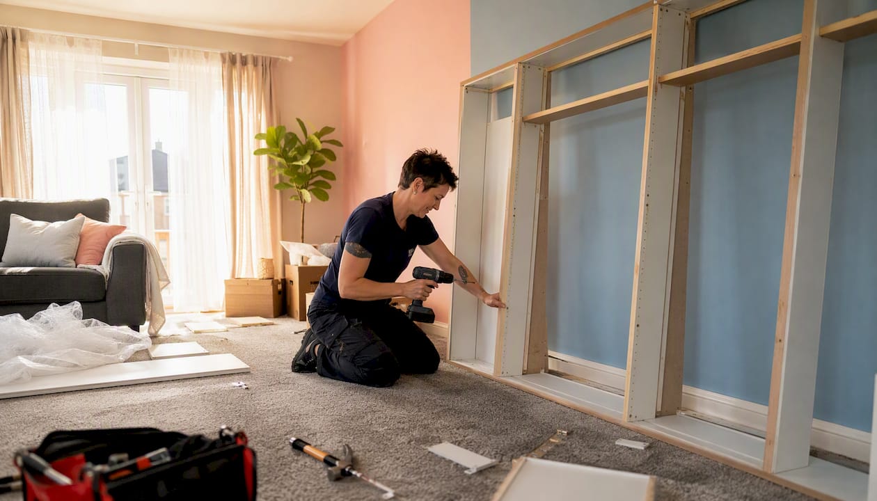 Removalist dismantling wardrobe inside home