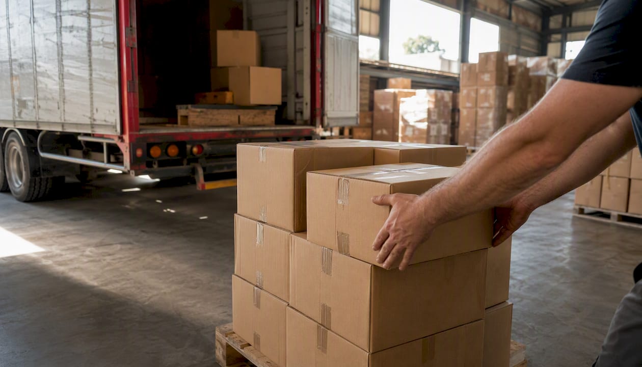 Hands loading boxes into shared freight truck
