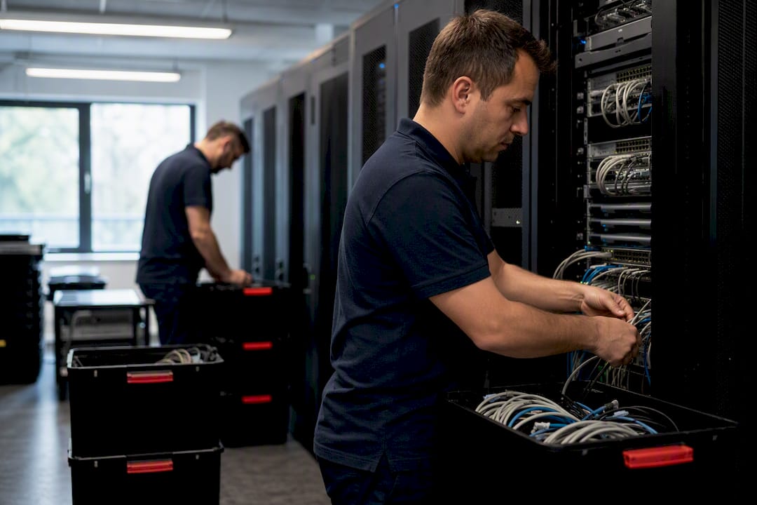 Hands unplugging network cables for IT move