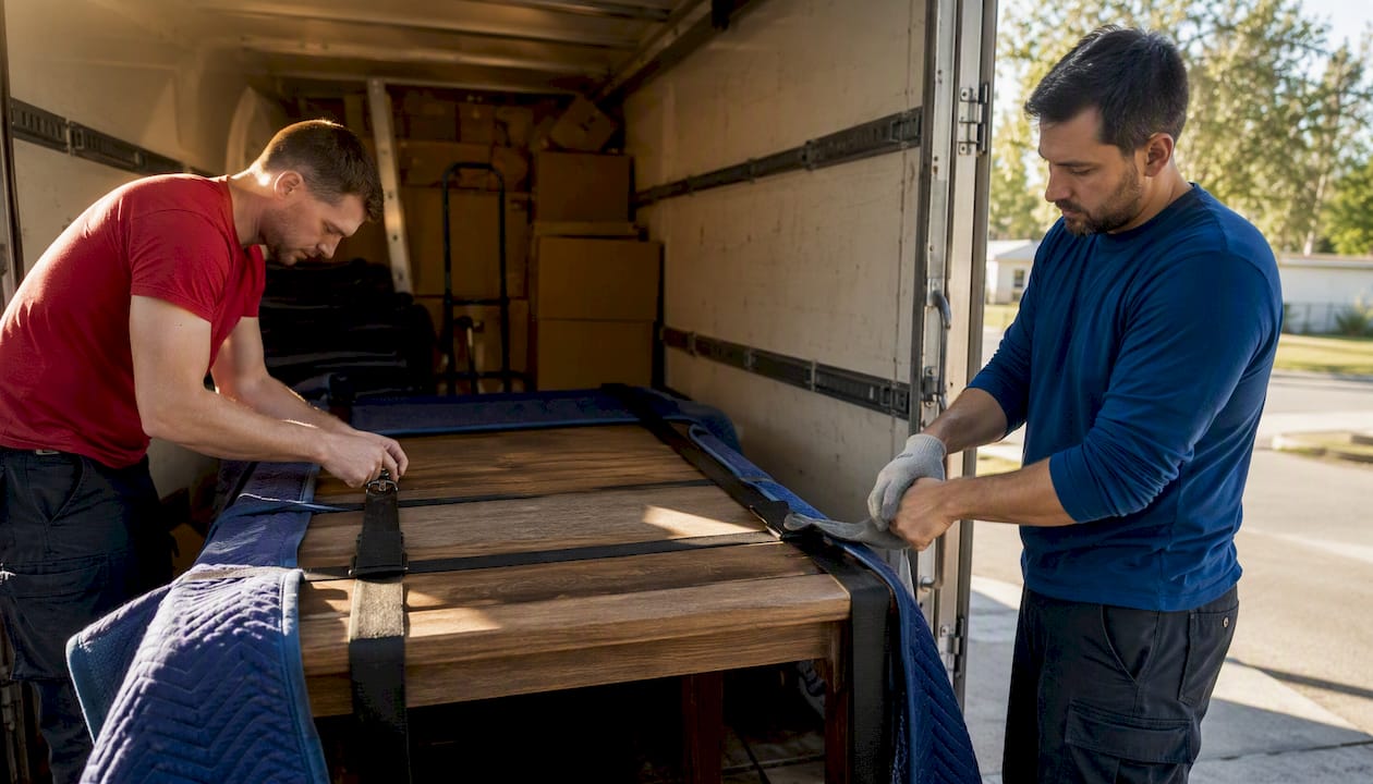 Removalists securing padded dining table with straps