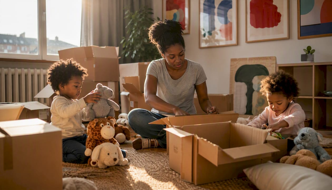 Family unpacking and settling into new home