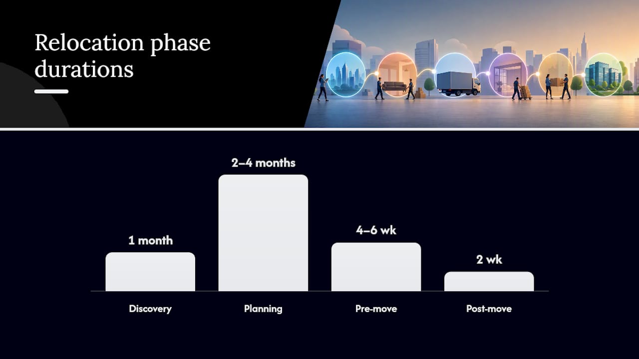 Phased timeline diagram of office relocation project