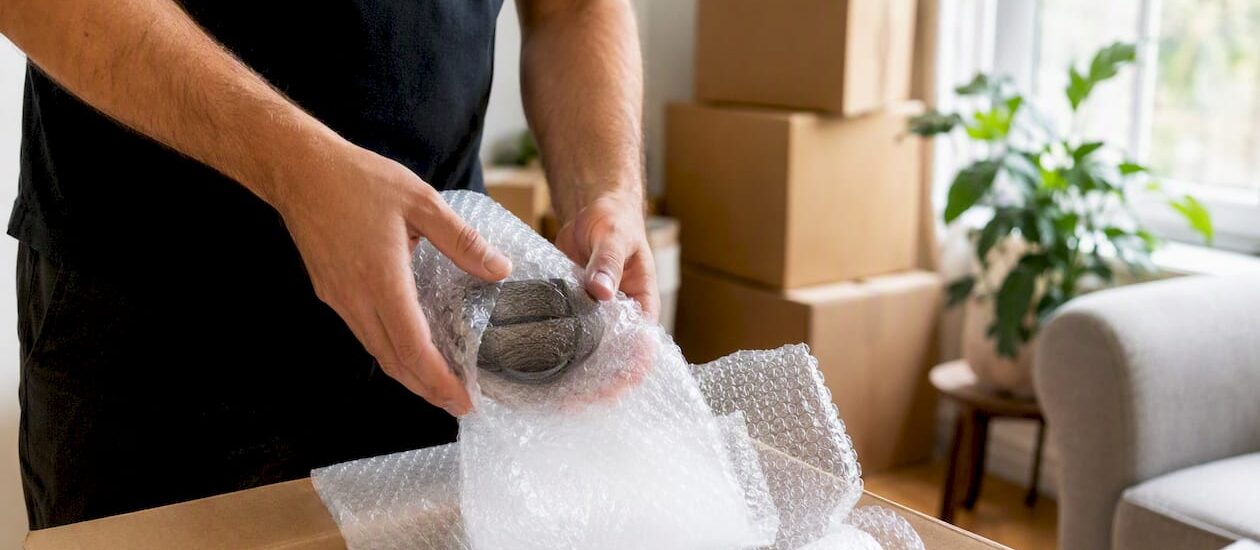 Mover packing and sealing box close-up
