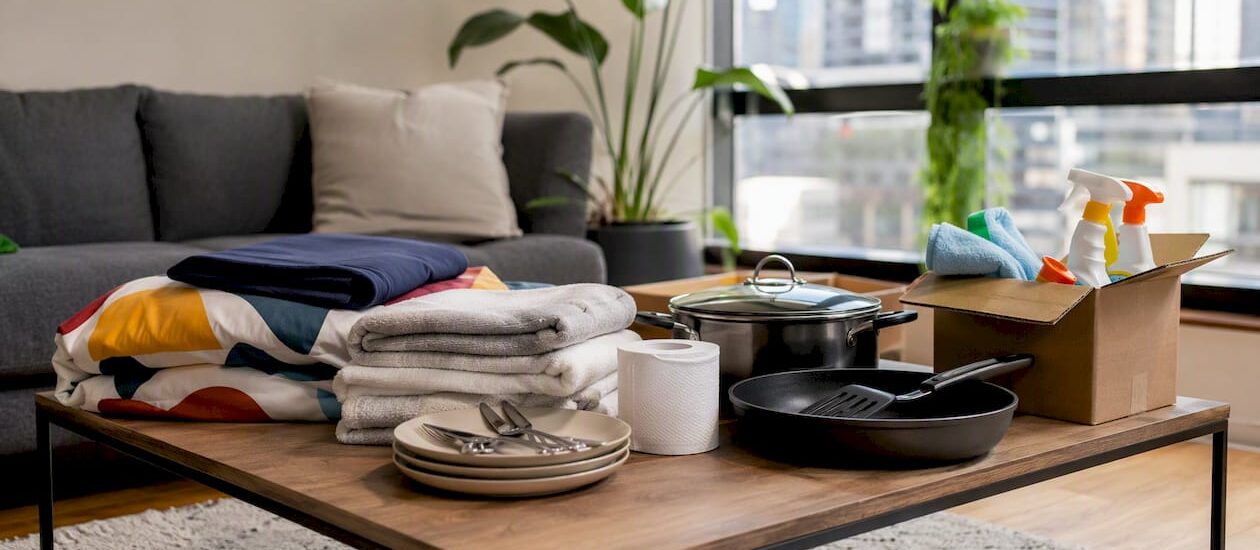 Essential apartment move-in items arranged on kitchen counter