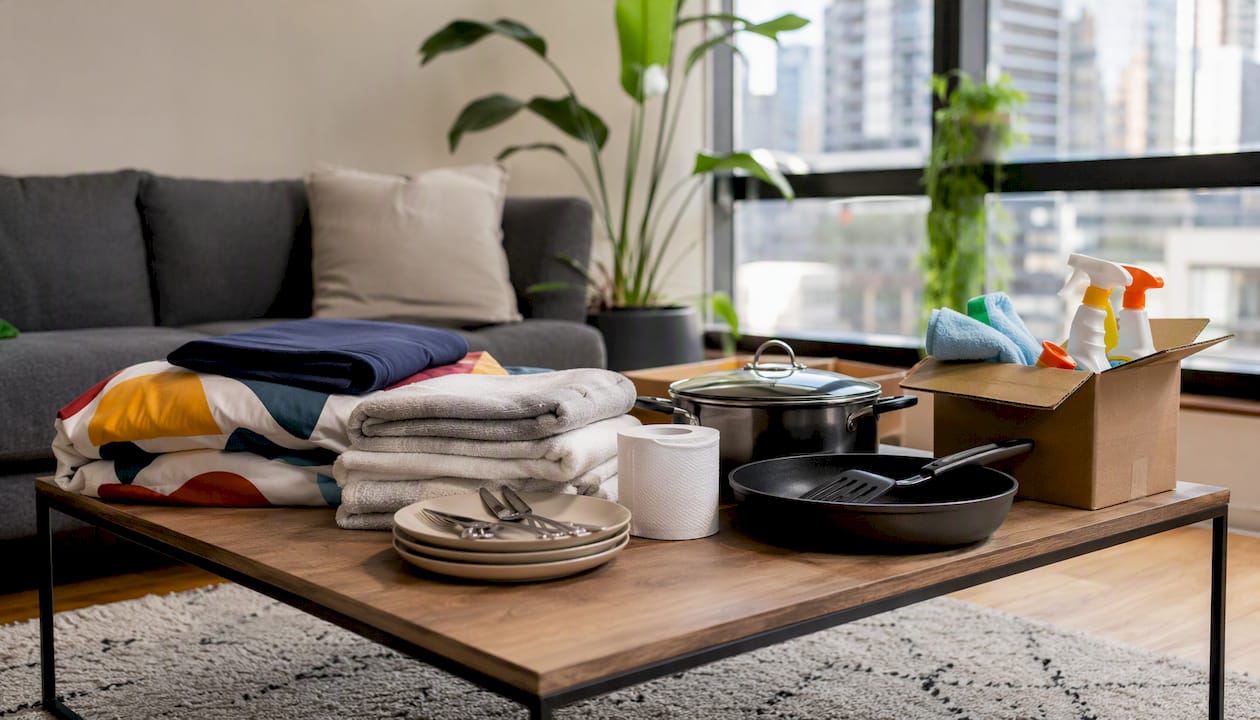 Essential apartment move-in items arranged on kitchen counter