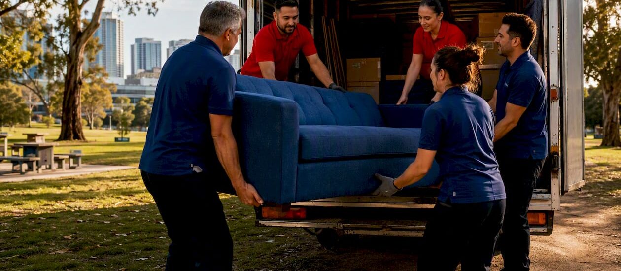 Removalist team loading furniture into truck