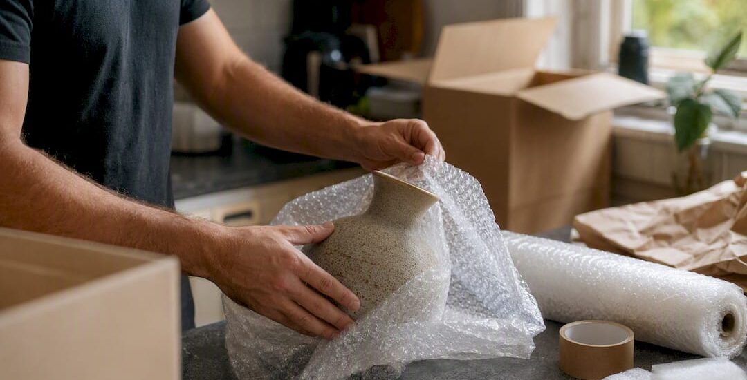 Hands wrapping ceramic vase with bubble wrap
