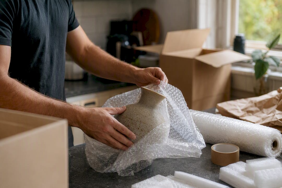 Hands wrapping ceramic vase with bubble wrap